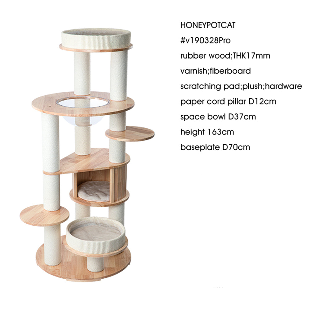 HONEYPOTCAT MZ Varnished Solid Wood Cat Tower With Capsule - 163cm