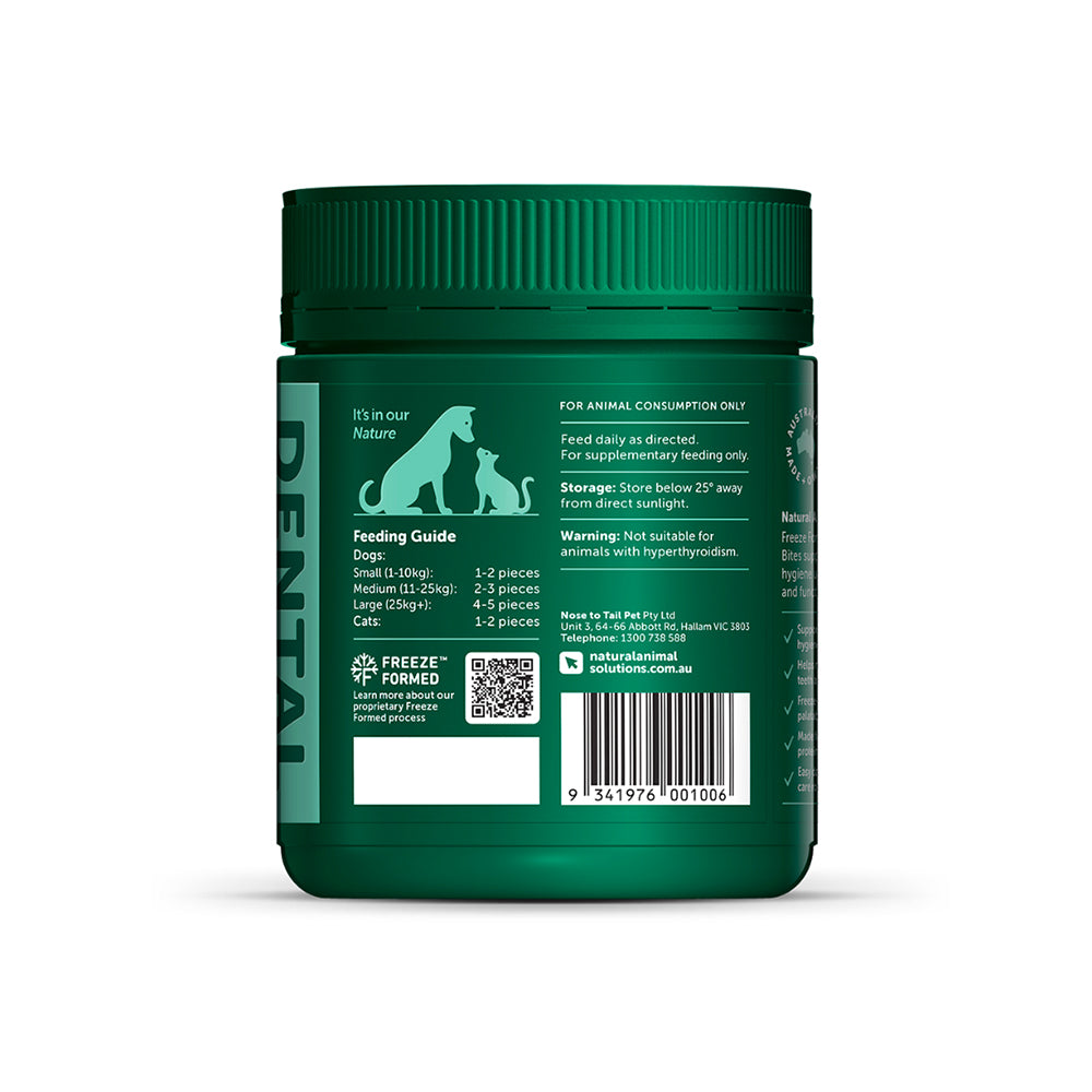 NATURAL ANIMAL SOLUTIONS Freeze Formed Dental Health Bites For Dogs & Cats – Product packaging and information image