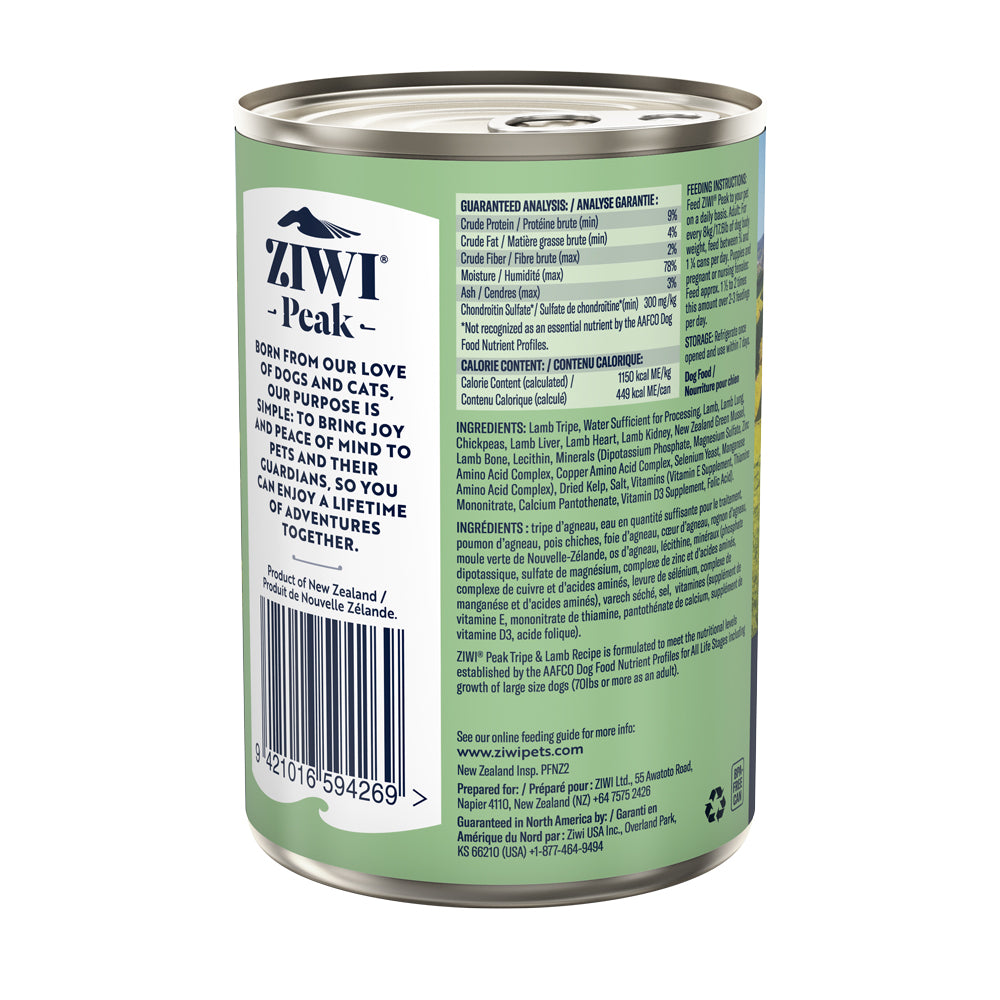 ZIWI Peak Tripe & Lamb Recipe Grain Free Dog Food 12x390g (canned)