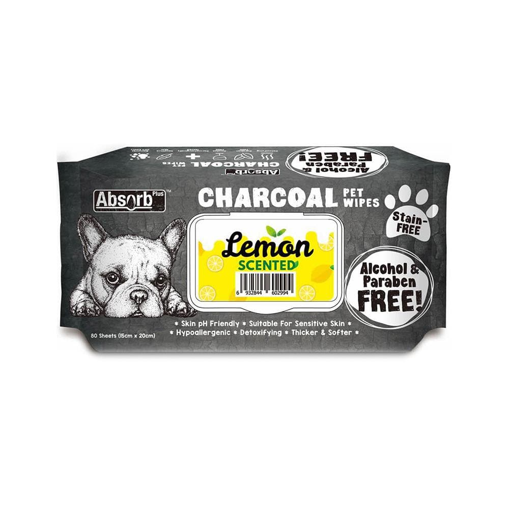 ABSORB PLUS Charcoal Lemon Pet Wipes 80 Sheets 20x15cm