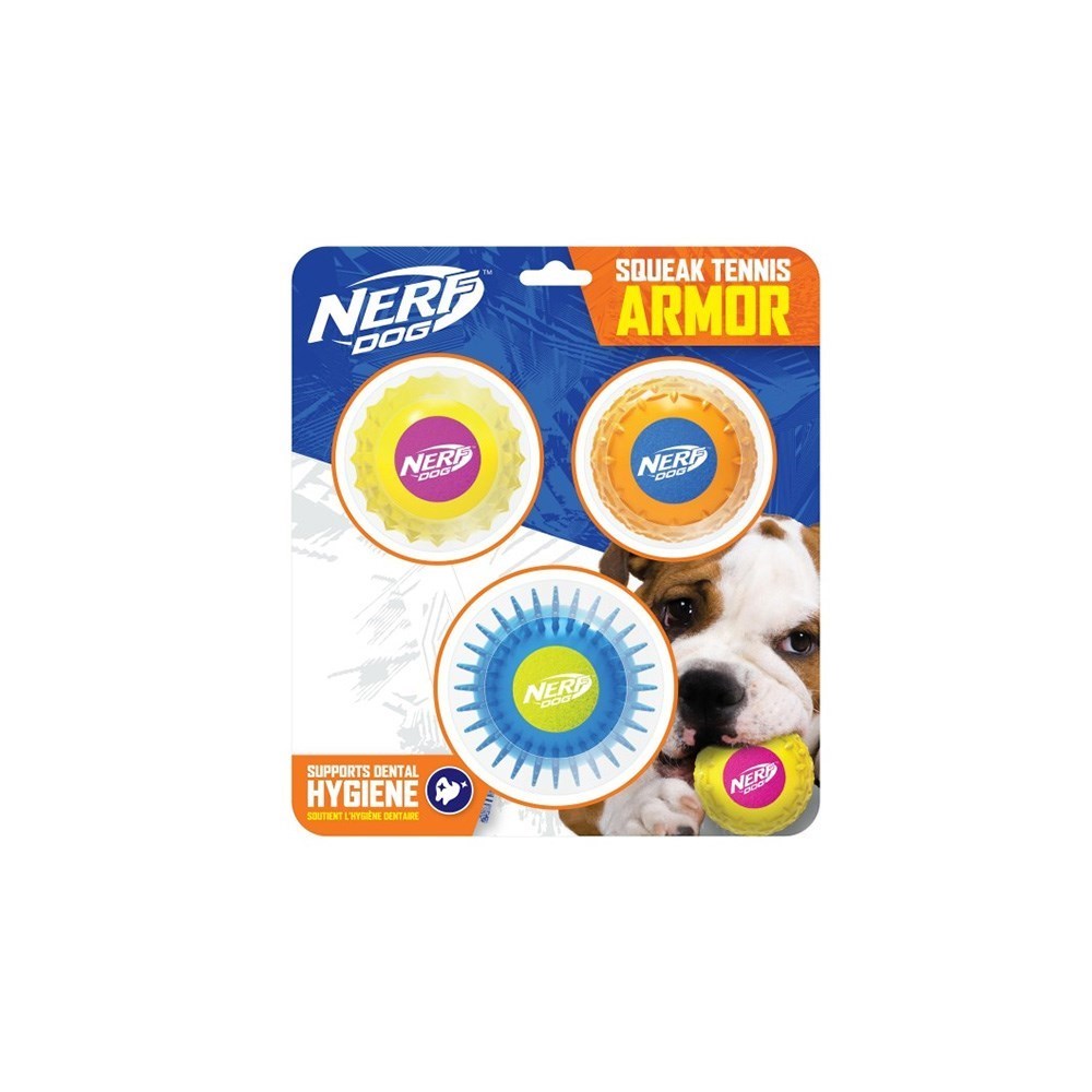 NERF Yellow/Pink, Orange/Blue & Blue/Green Twin Armour on Blister Dog Ball Toy Set (3pack)