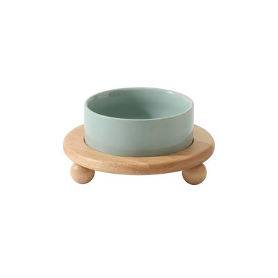 CATIO Light Green Ceramic Pet Bowl with Spherical Wooden Frame