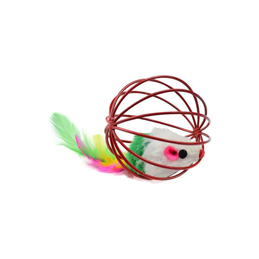 Multi-Color Feather-Tailed Mouse Trapped in Wire Cage Random Colour Cat Toy
