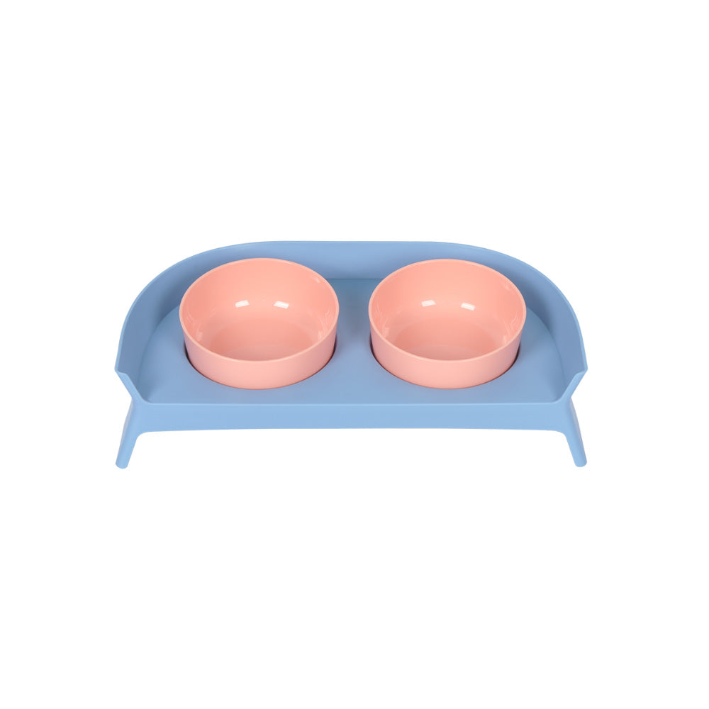 PAKEWAY Pink Double Ceramic Pet Bowls with Blue Rack