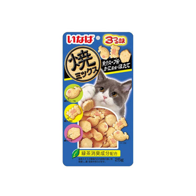 CIAO Tuna & Chicken Fillet With Dried Bonito, Chicken Soup, And Squid Flavor Soft Bits Mix Wet Cat Treats 25g