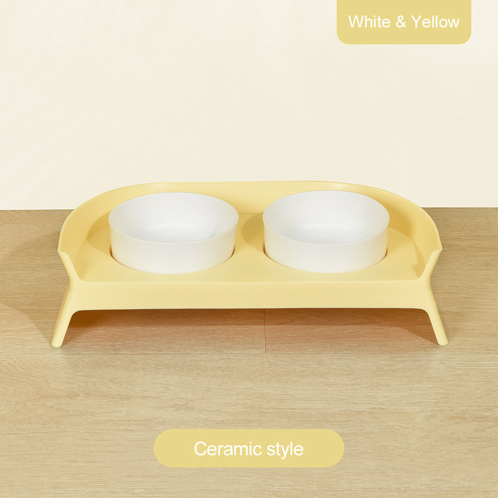 PAKEWAY Double Ceramic Bowls With Rack White & Yellow