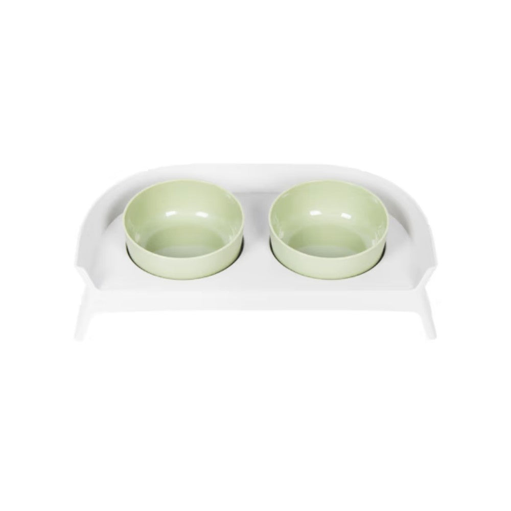 PAKEWAY Green Double Ceramic Bowls with Light Grey Rack