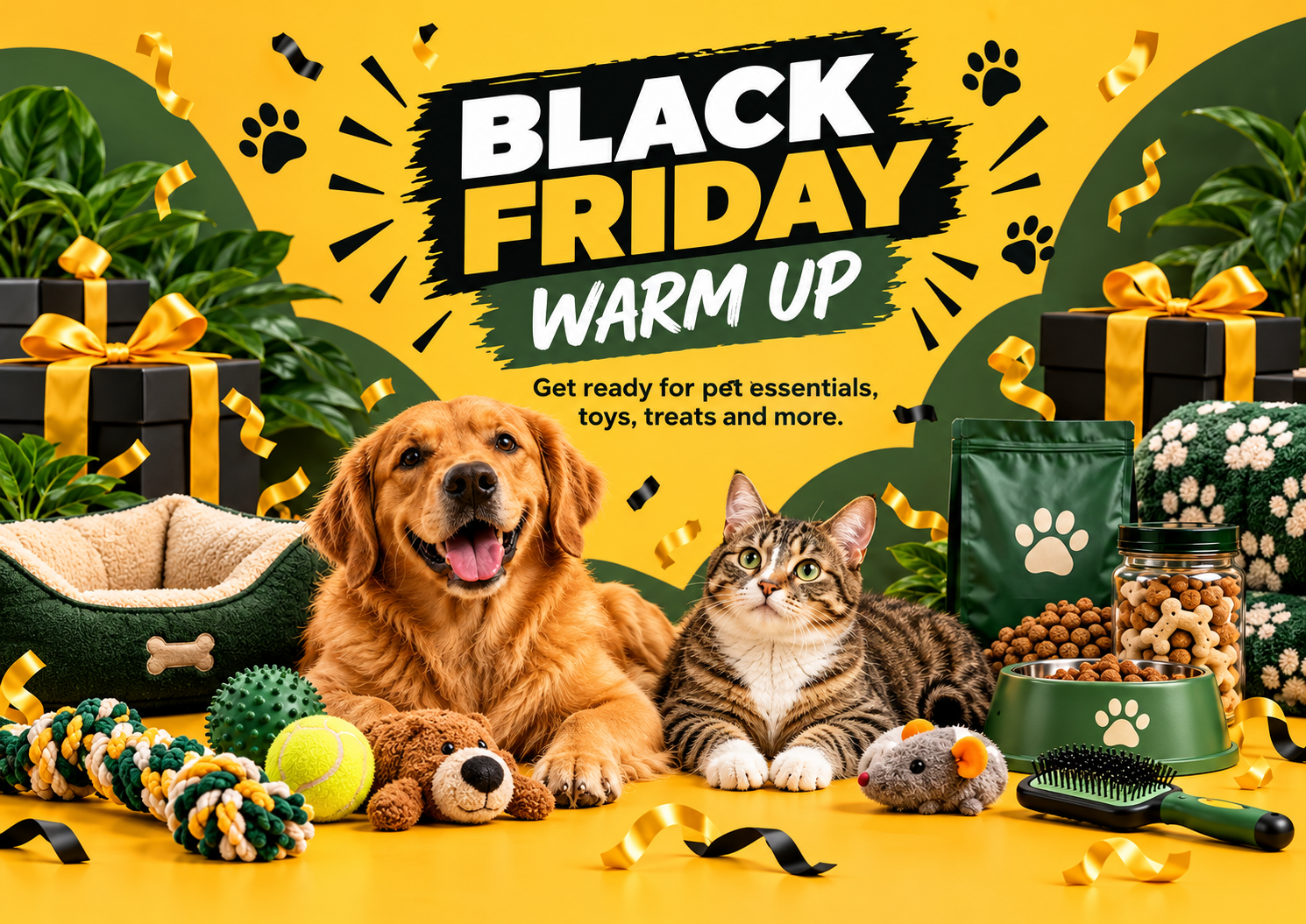 Black Friday Warm-Up at Petso, featuring a dog and cat with pet essentials