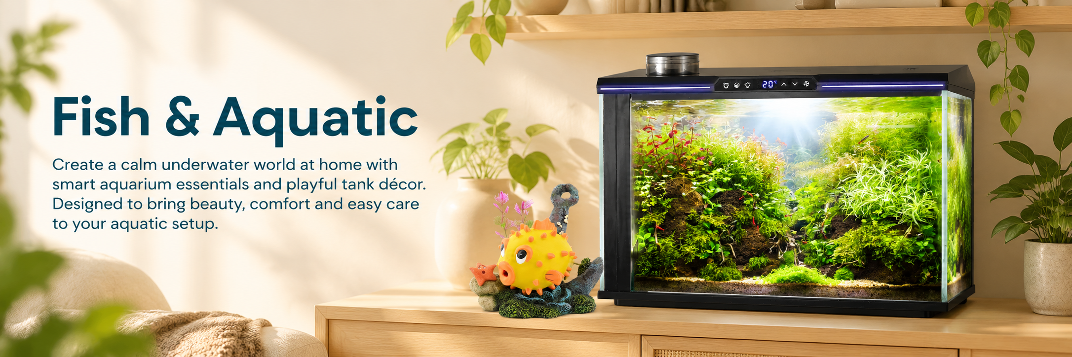 Fish and aquatic supplies including an illuminated planted aquarium