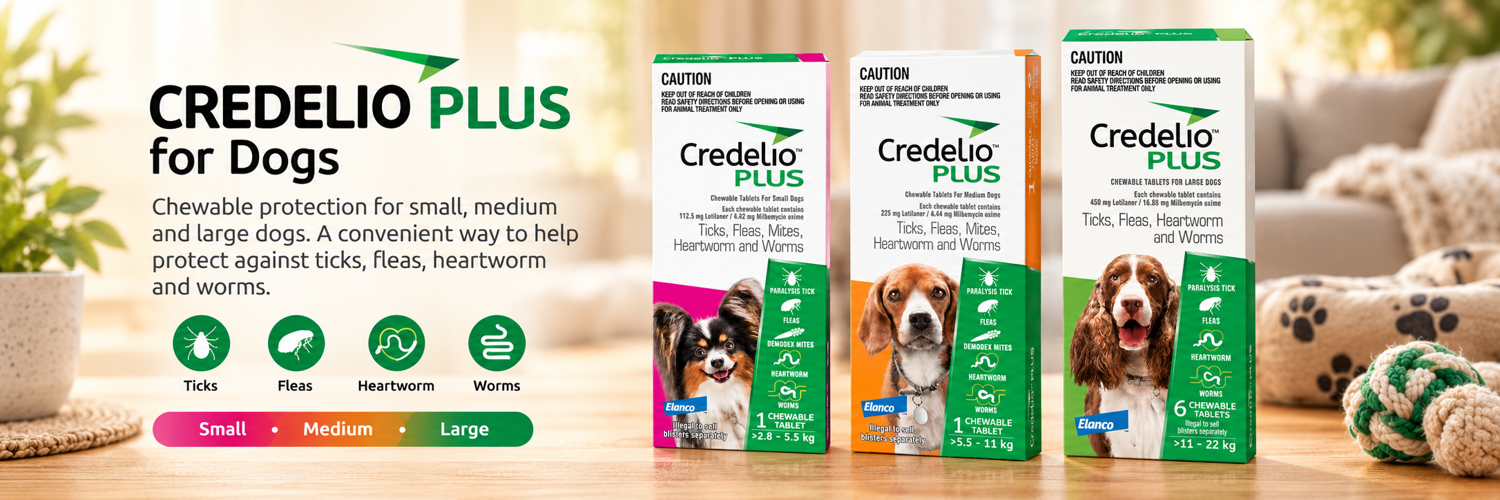 CREDELIO PLUS chewable dog protection products for small, medium and large dogs