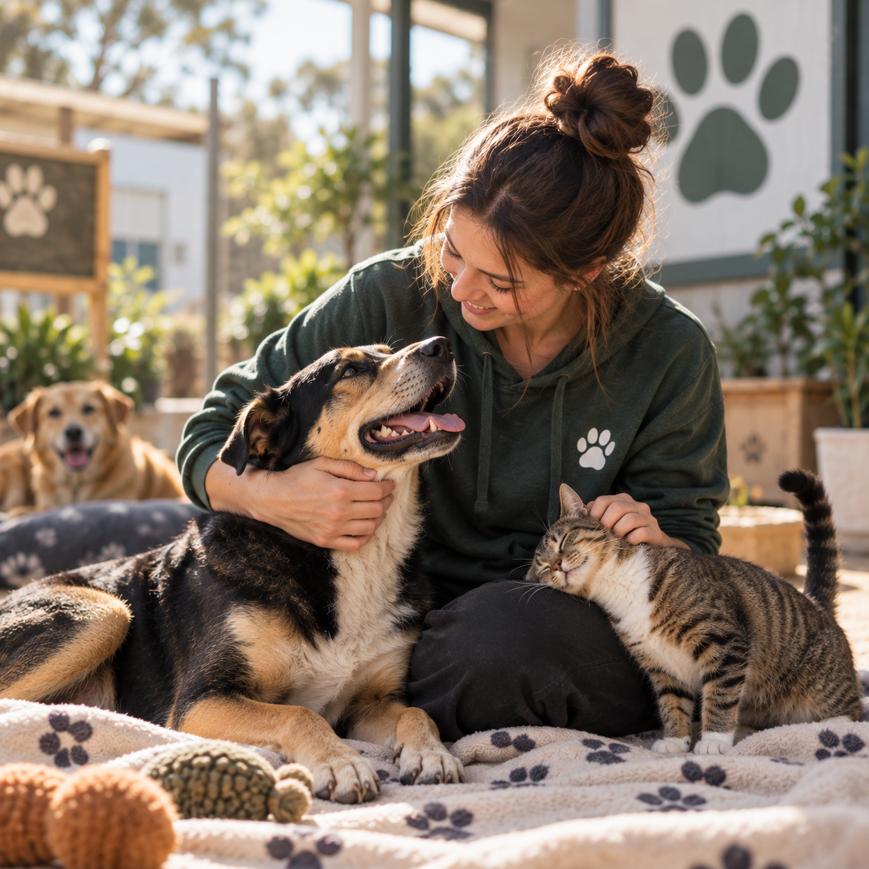 A rescue volunteer caring for dogs and cats